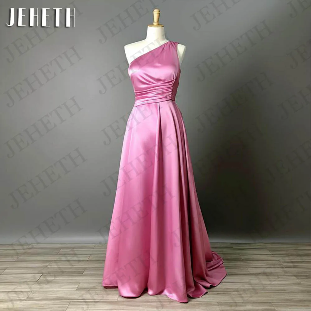 

JEHETH Real Photo One Shoulder Evening Dresses Arabic فساتين سهرة Pleats Sleeveless Prom A Line Satin Formal Occasion Dresses