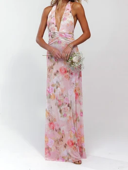 Elegant Floral Print Maxi Dress Sleeveless Halter Neckline with Open Back Women s Summer Party Gown 4