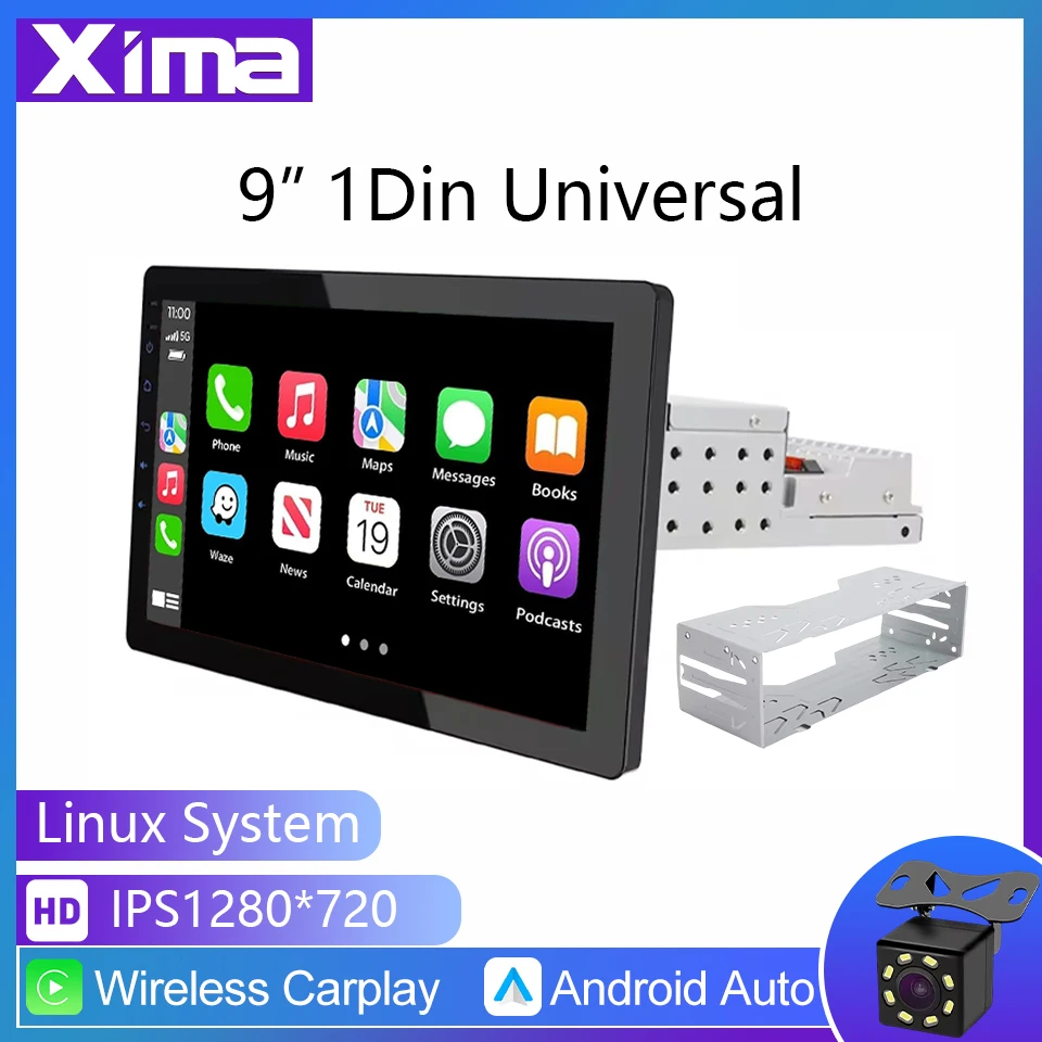 Radio multimedia para coche de 1 DIN y 9 pulgadas con CarPlay, Android Auto, receptor estéreo, reproductor 1DIN, Radioauto MP5 con sistema Linux 1