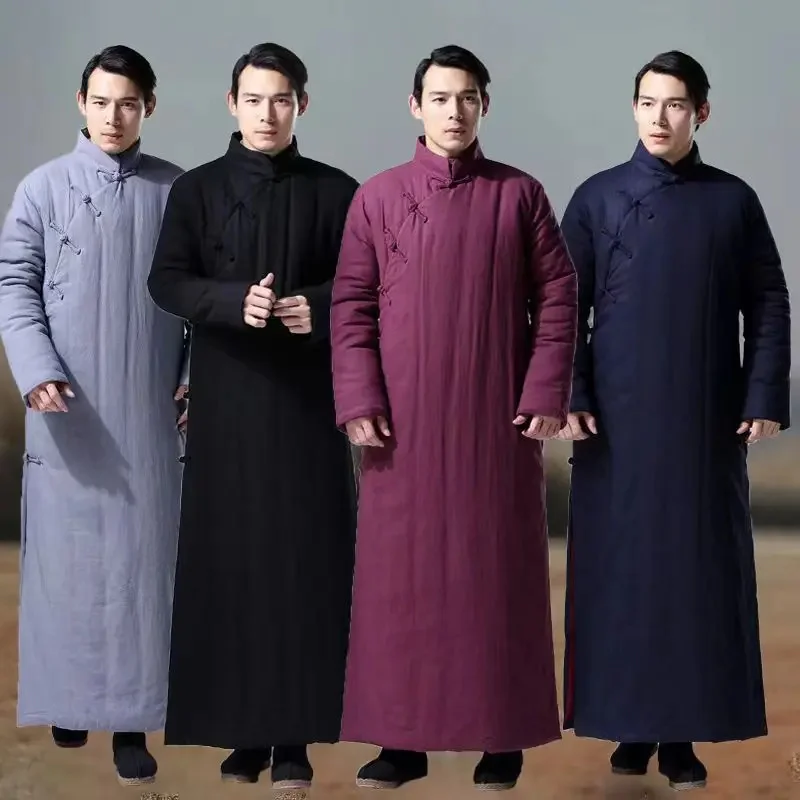 

Winter Chinese Style Traditional Clothing Tang Suit Long Men Cotton-padded Jacket Retro Loose Stand Collar Hanfu Casual Clothes