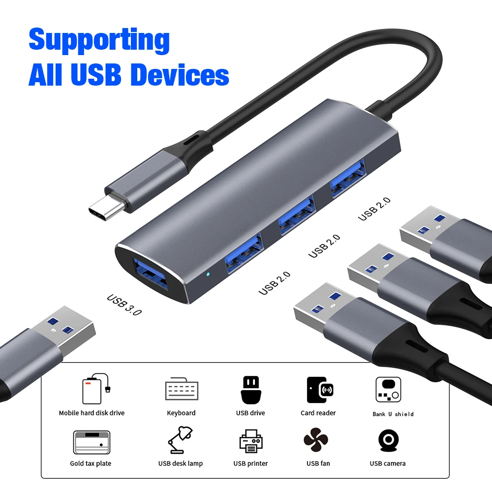 Ultra High-Speed 4-Port USB 3.0 Hub with Type-C Splitter