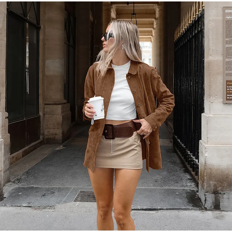 Casual Suede Long Sleeve Jackets Women Autumn Loose Brown Lapel Coat Top With Pockets Female Elegant Chic Street New in Outwear