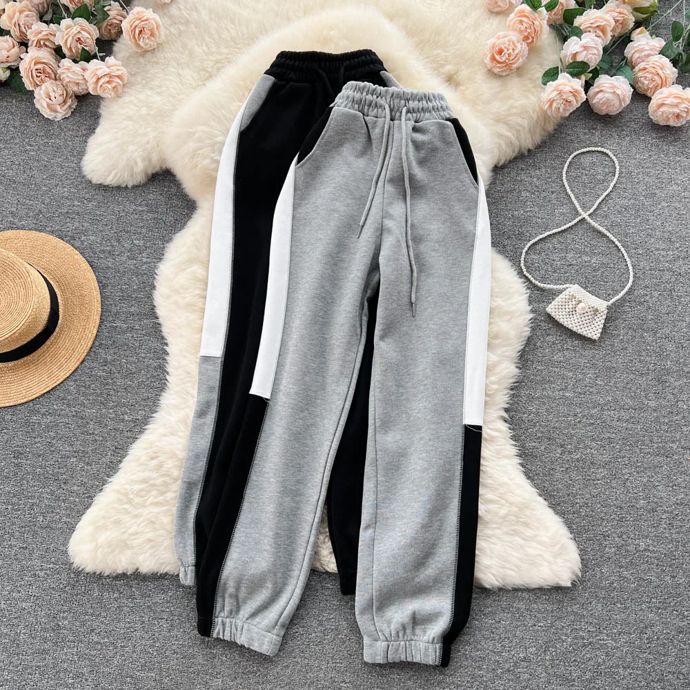 

Autumn Drawstring Elastic High Waist Slim Contrast Color Small All-match Casual Trousers