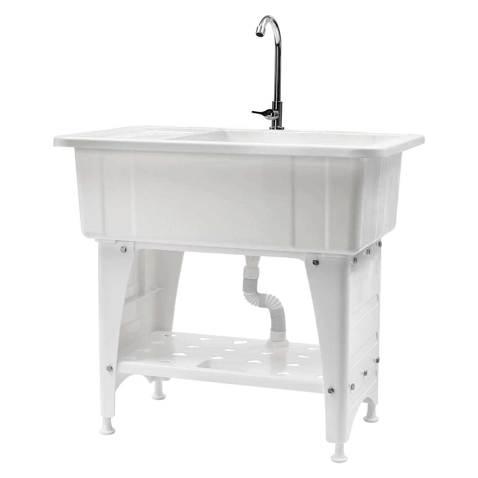 Freestanding Plastic Laundry Sink with Storage Shelf & Washboard Utility Sink Laundry Tub with Stainless Faucet 2