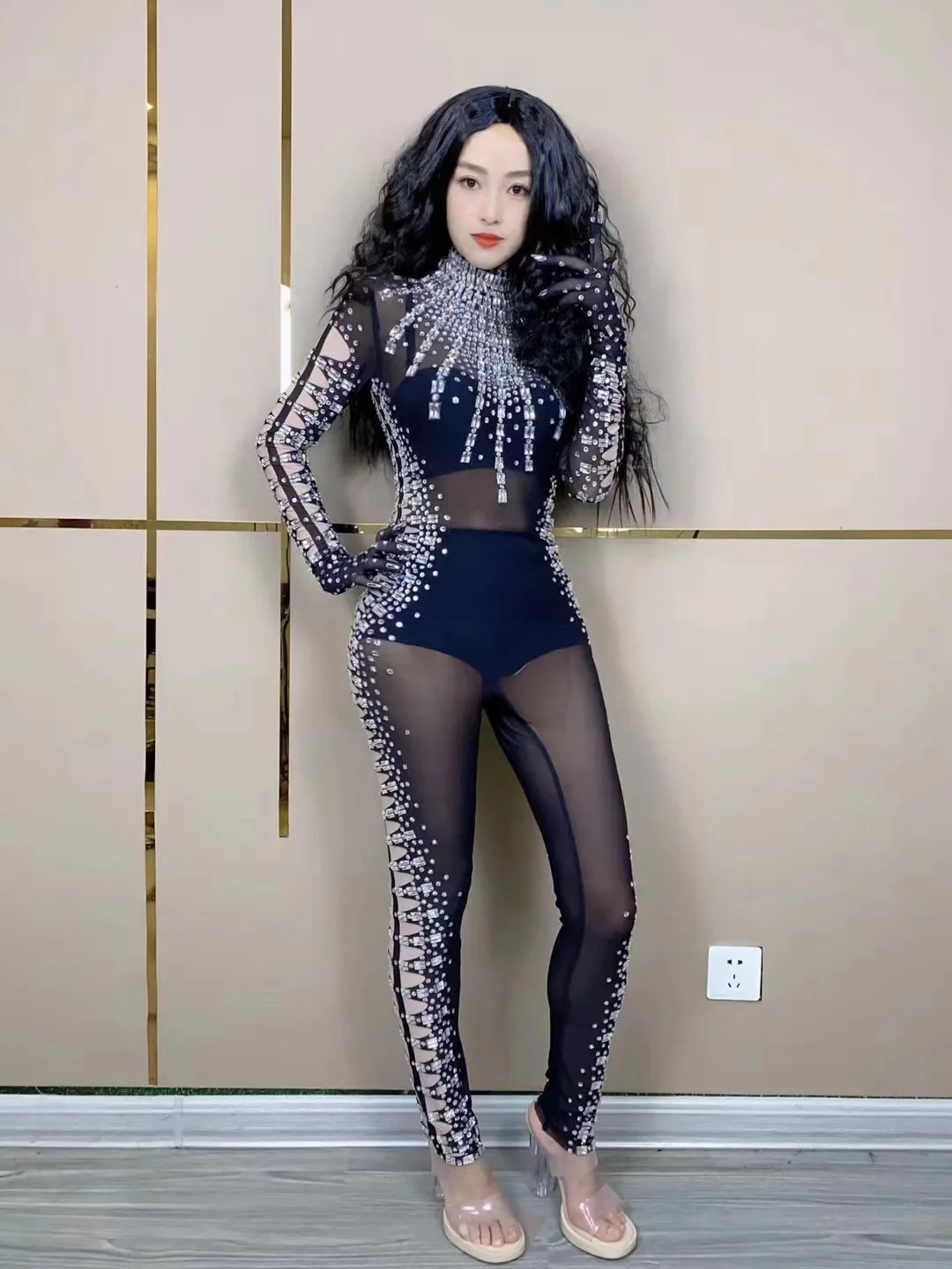 

New Designed Big Pearls Rhinestones Stretchransparentjumpsuit Evening BirthdayCelebrate Outfit Sexy Dancer Bodysuit