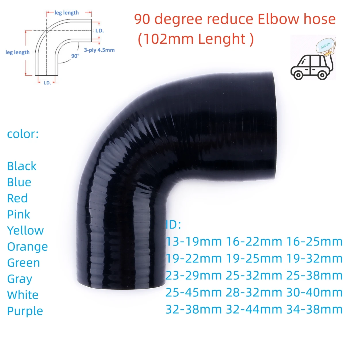 

90 Degree reduce Elbow General Silicone Coolant Intercooler Pipe Tube Hose ID 13 16 19 22 23 25 28 29 30 32 34 38 40 44 45mm