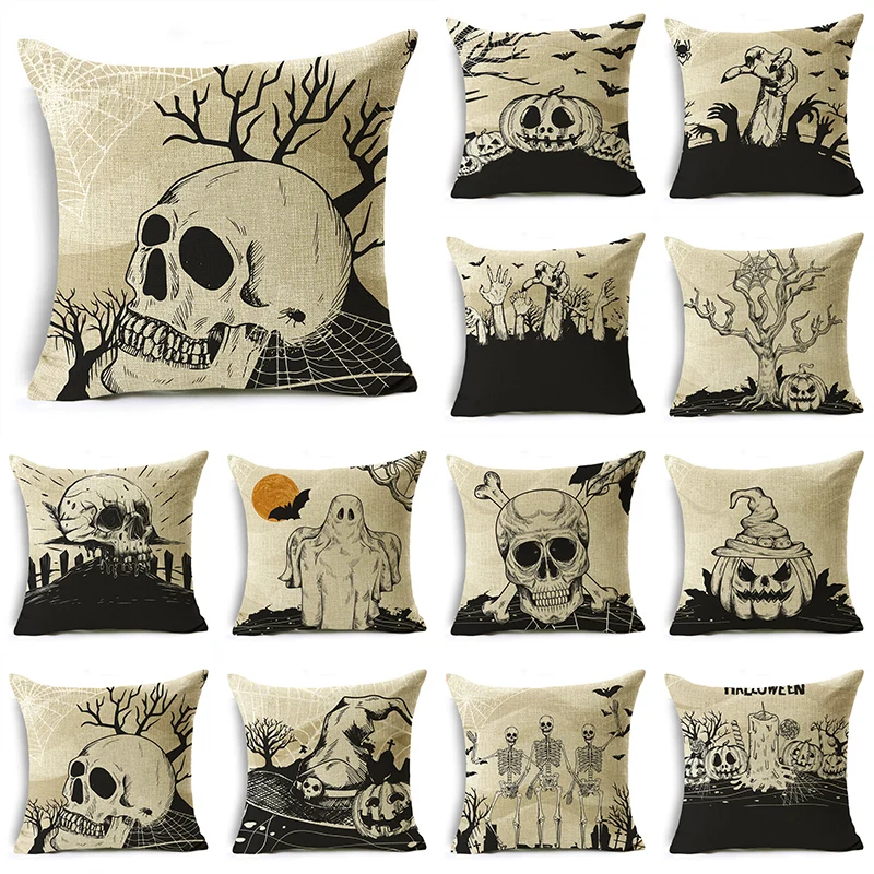 

Unique Halloween Black White Skull Pumpkin Printed Linen Throw Pillowcase Decorative Cushion Cover For Sofa Livingroom Party