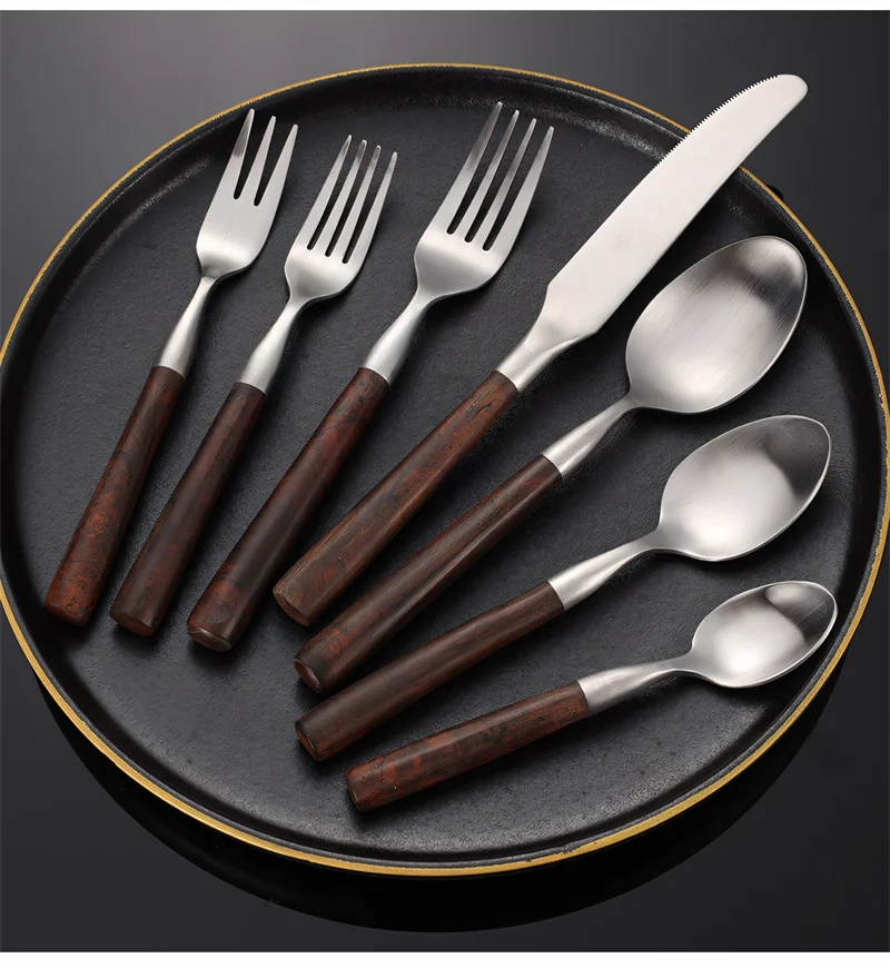 Description Picture 2 of itemStainless Steel Cutlery Set Imitation Wooden Handle Sliver Western Dinner Knife Forks Spoon Table Decoration Accessories