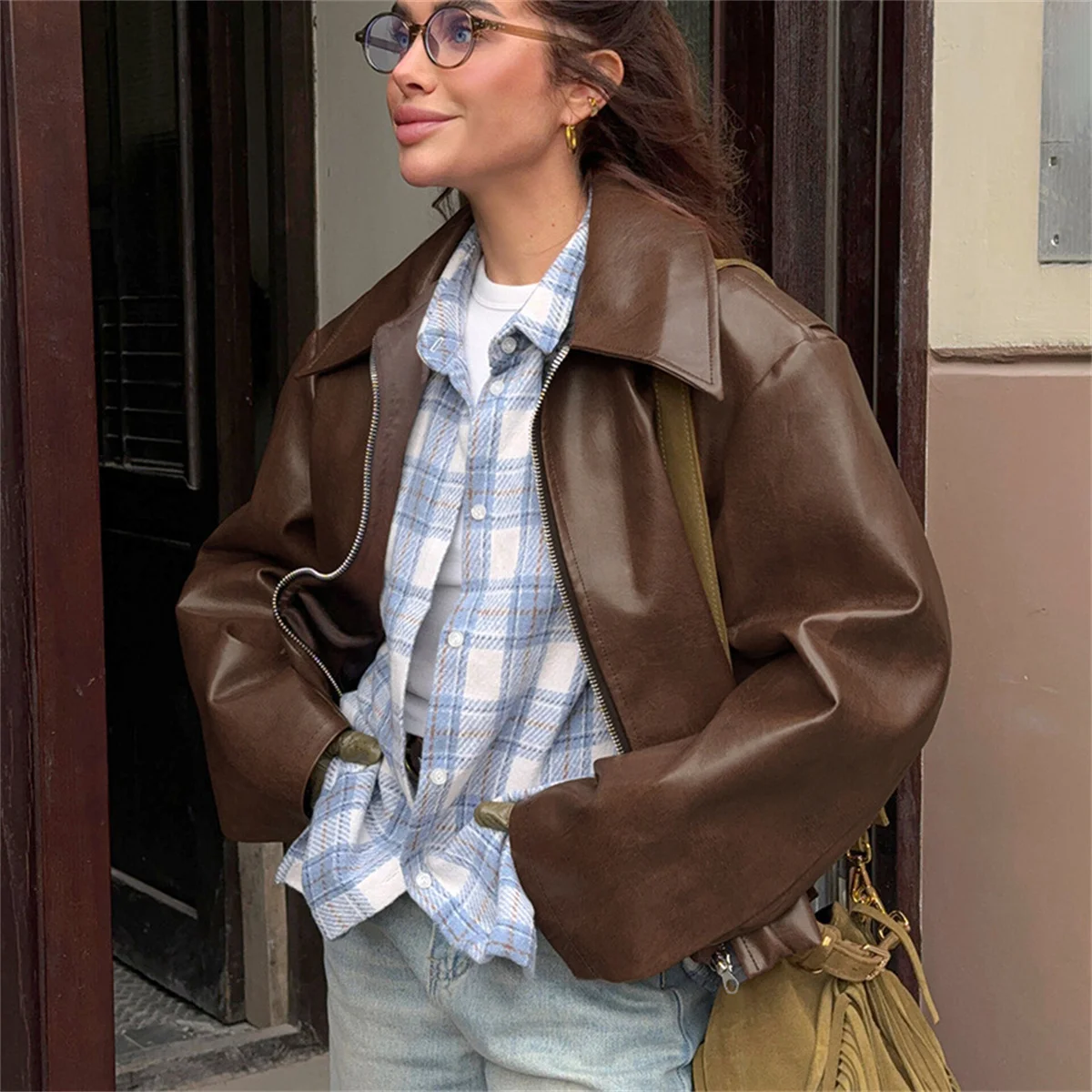 Women Vintage Wine Red Faux Leather Jakcet Fashion Outerwear Zipper Lapel Pu Coats Autumn Winter Streetwear Ladies Short Tops