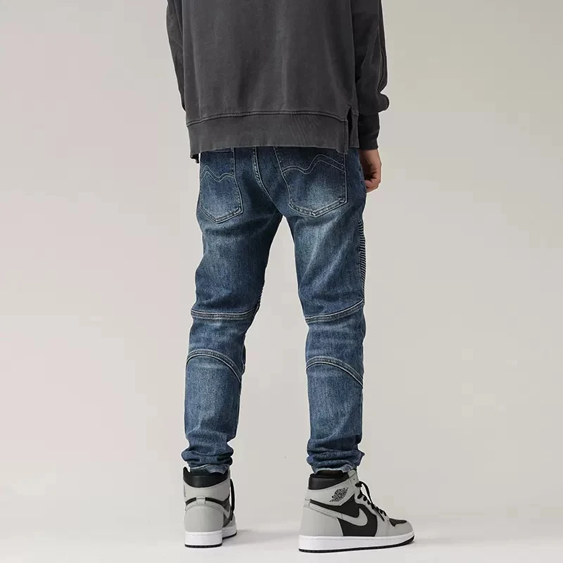 High Street Fashion Men Jeans Retro Blue Elastic Stretch Slim Fit Biker Jeans Men Spliced Designer Hip Hop Denim Pants Hombre
