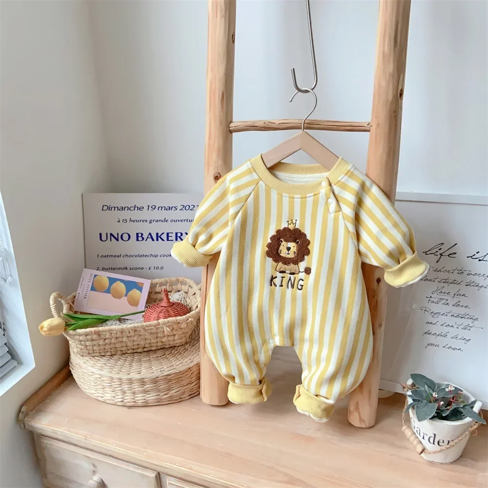 

0-24M Cozy Autumn/Winter Striped Cartoon Lion Onesie - Cute Romper for Infants Kids Baby Boys, Korean-style Home Clothing