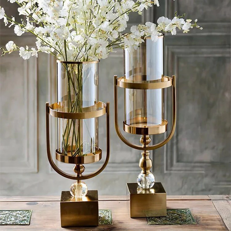 Nordic Large Vase Metal Glass Luxury Vase Flower Gold Floor Vases Modern Candlestick Terrarium Living Room Decoration Gift Ideas