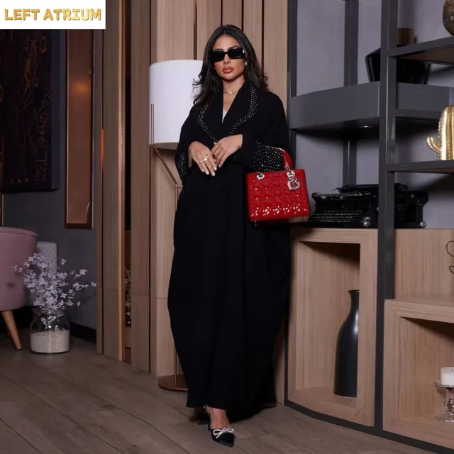 109217-240c03.jpg Abaya Kimono Ouvert Noir Dubaï 2025 avec Diamants, Robe Caftan Islamique pour Femme Musulmane, Caftan Marocain, Robe Femme Musulmane, Jalabiya, Kebaya
