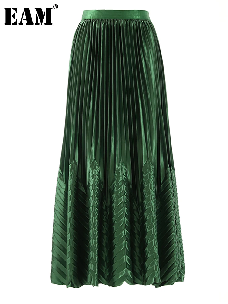 

[EAM] High Elastic Waist Green Pleated Shining Long Elegant Half-body Skirt Women Fashion Tide New Spring Autumn 2023 1DF7391