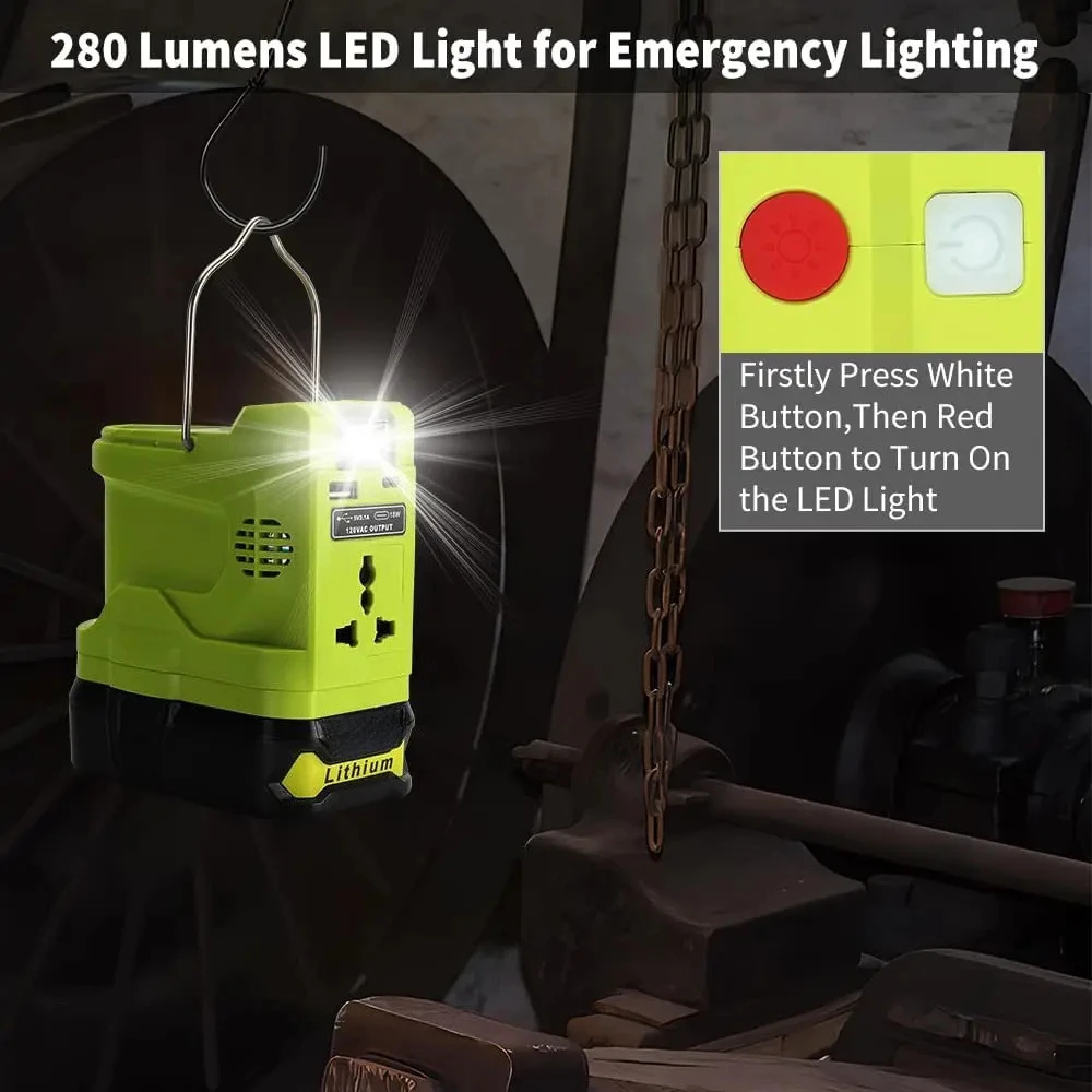 Ryobi 18V 리튬 배터리 용 200W 전원 인버터 발전기, DC 18V  AC 120V 220V 휴대용 발전소, 280lm LED 조명