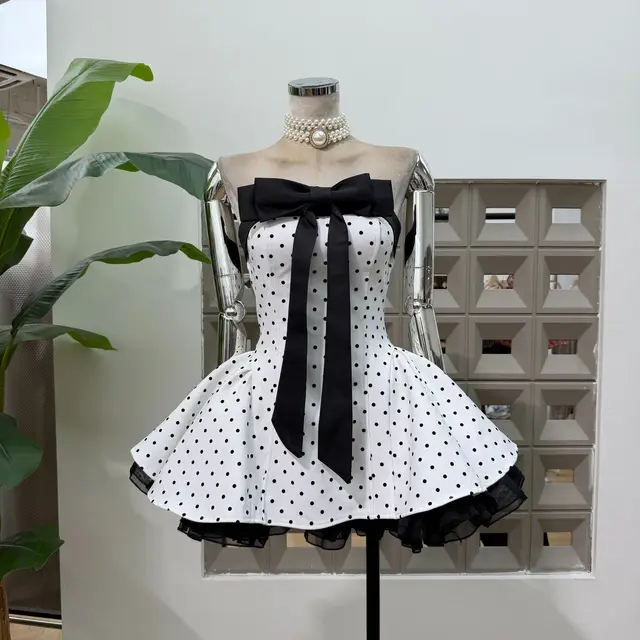 Women Sexy Strapless Backless Polka Dot Bow A Line Dress Party Birthday Evening Ball Gowns Nightclub Show Wear Fashion Vestido