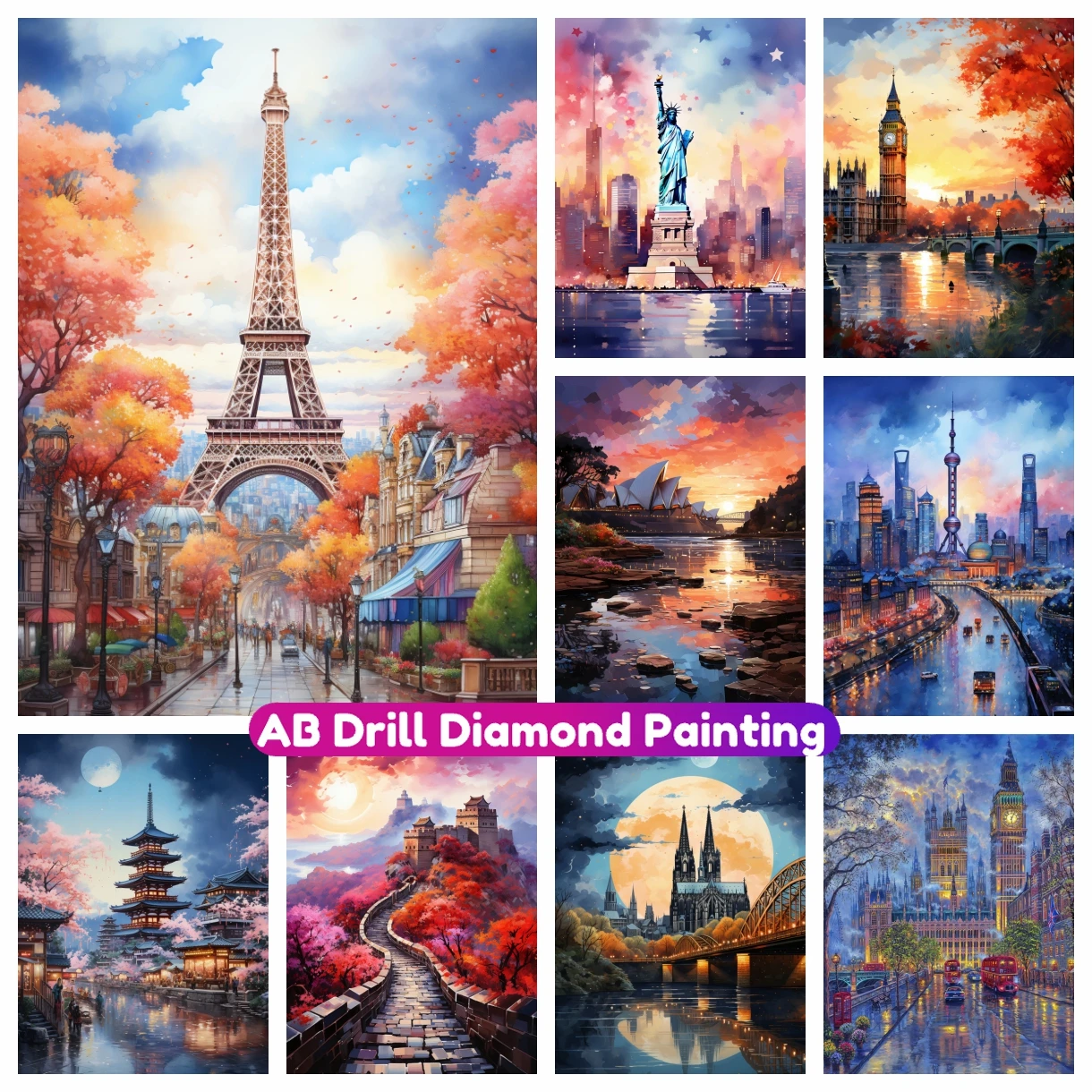 

Watercolor Famous Landscape AB Diamond Painting 5D DIY Full Drill Rhinestone Mosaic Embroidery Cross Stitch Kit Home Decor Gift