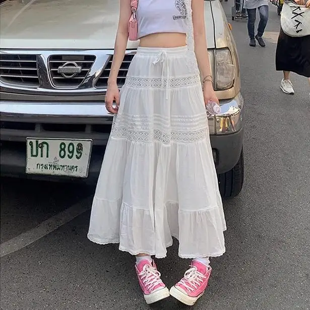 

Dimanaf Summer 2024 Women Long Skirts Elastic Waist Design Floral Vintage Elegant White Loose Lace Skirts