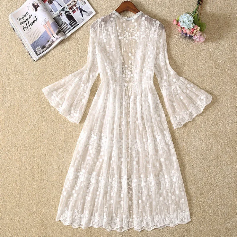 Long Cardigan Beach Cover Up 2023 Summer Blouses For Women Woman V Neck Shirt Top Lace Blusas Femininas Elegant Sunproof Outwear 6