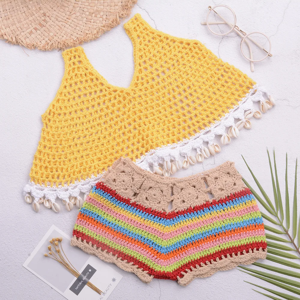 Hot Sale Fashion Hand-woven Beach Kids Small Tank Tank Swimsuit Set Colorful Shorts Split Swimsuit