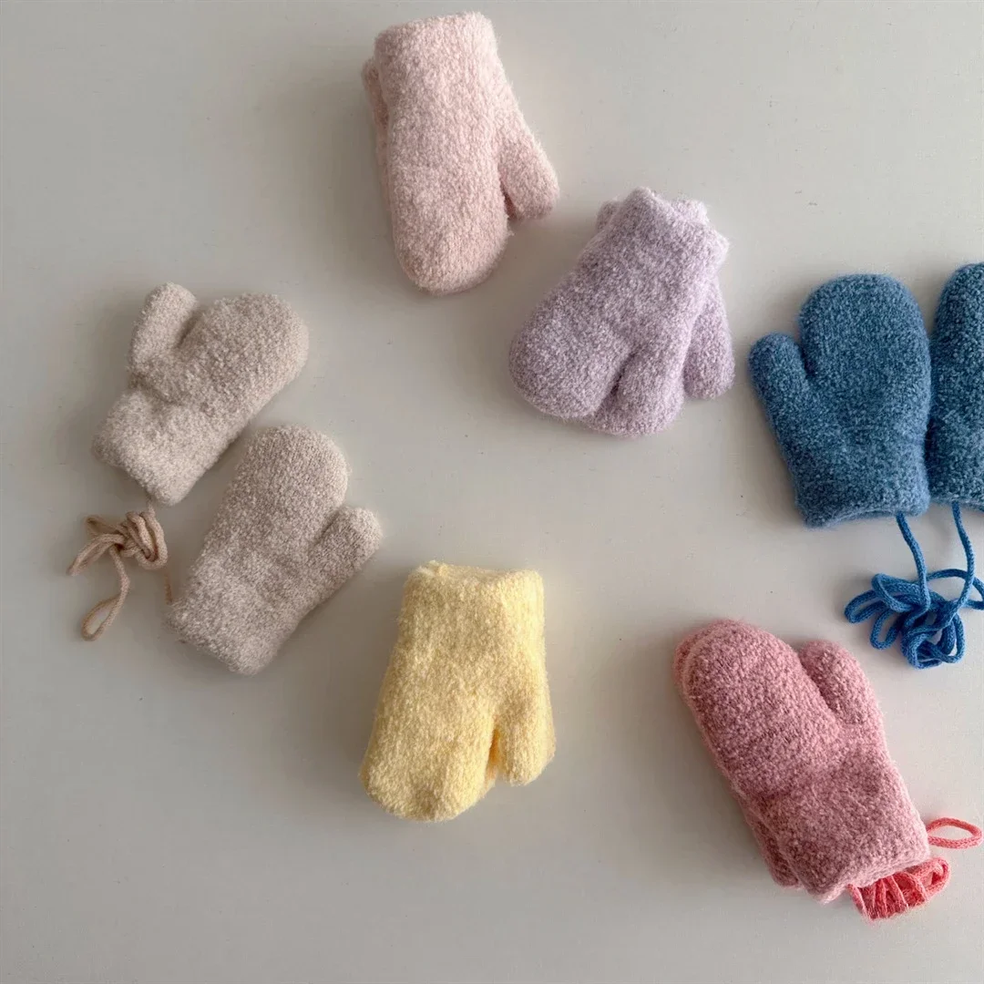 0-1Y Baby Plush Thick Gloves Cold Resistant Fingers Solid Color Baby Boys and Girls Anti Lost Warm Snowx Gloves Autumn Winter