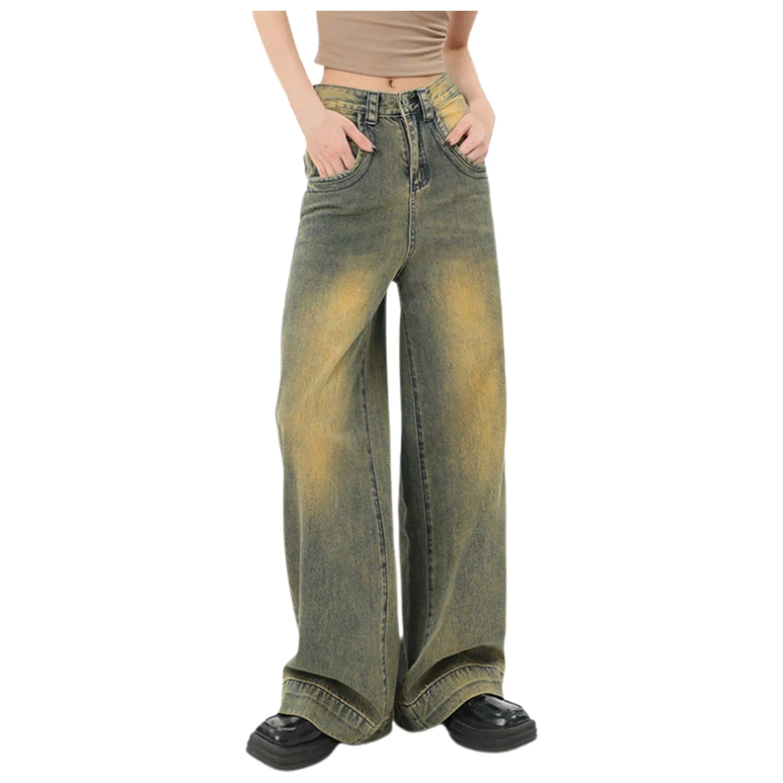 

Retro Distressed Yellow Mud Wide Leg Jeans High Waisted Loose Fitting Straight Leg Pants Long Pants