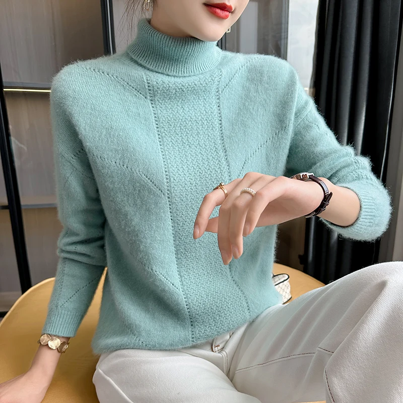 

2024 Cashmere Sweater Women's High Lapel Hollowed-Out Pullover Mink Loose Sweater Autumn and Winter New Wool Knit Base Shirt Top