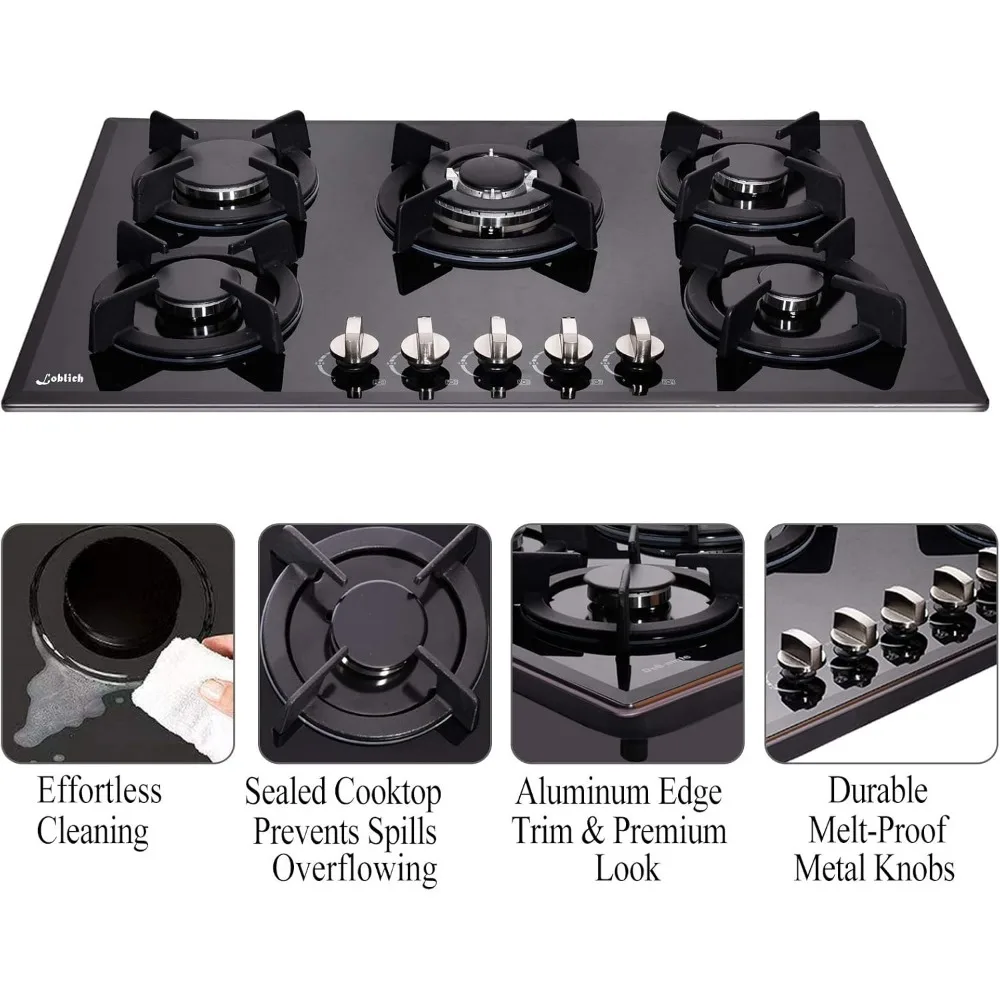 30 Cooktop gas, 5 Burners gas stovetop 30 inch,Gas Stove Gas Hob Stovetop Tempered Glass Cooktop Cast Iron 3