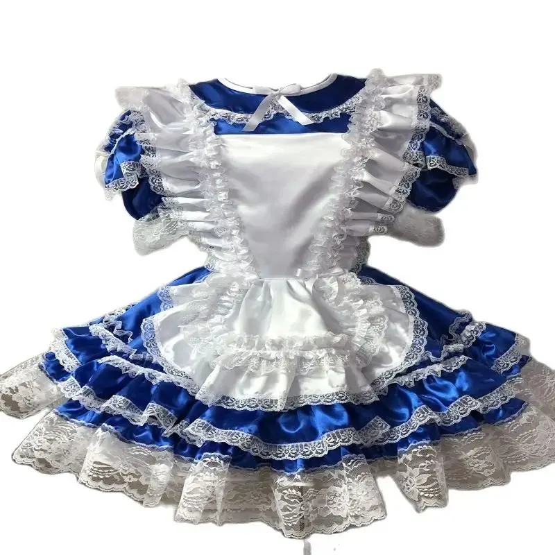 

French Hot Selling Royal Blue Adult Sissy Satin Apron Dress Adult Baby Dress Party Daily Unisex Dress Customization