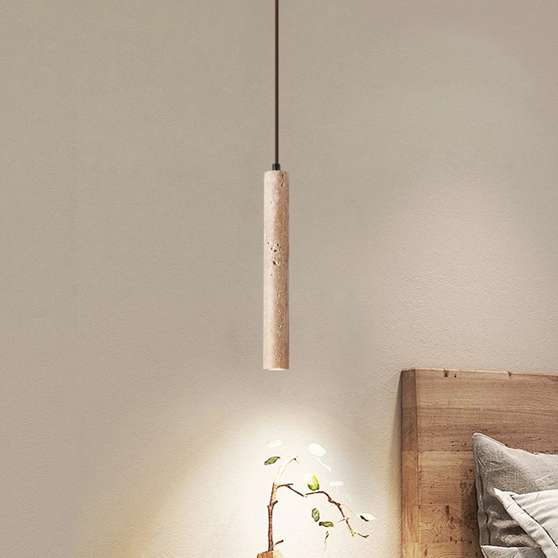 Nordic Minimalist Design Restaurant Led Decorative Chandelier Yellow Travertine Cylindrical Home Bedside Pendent Lamp