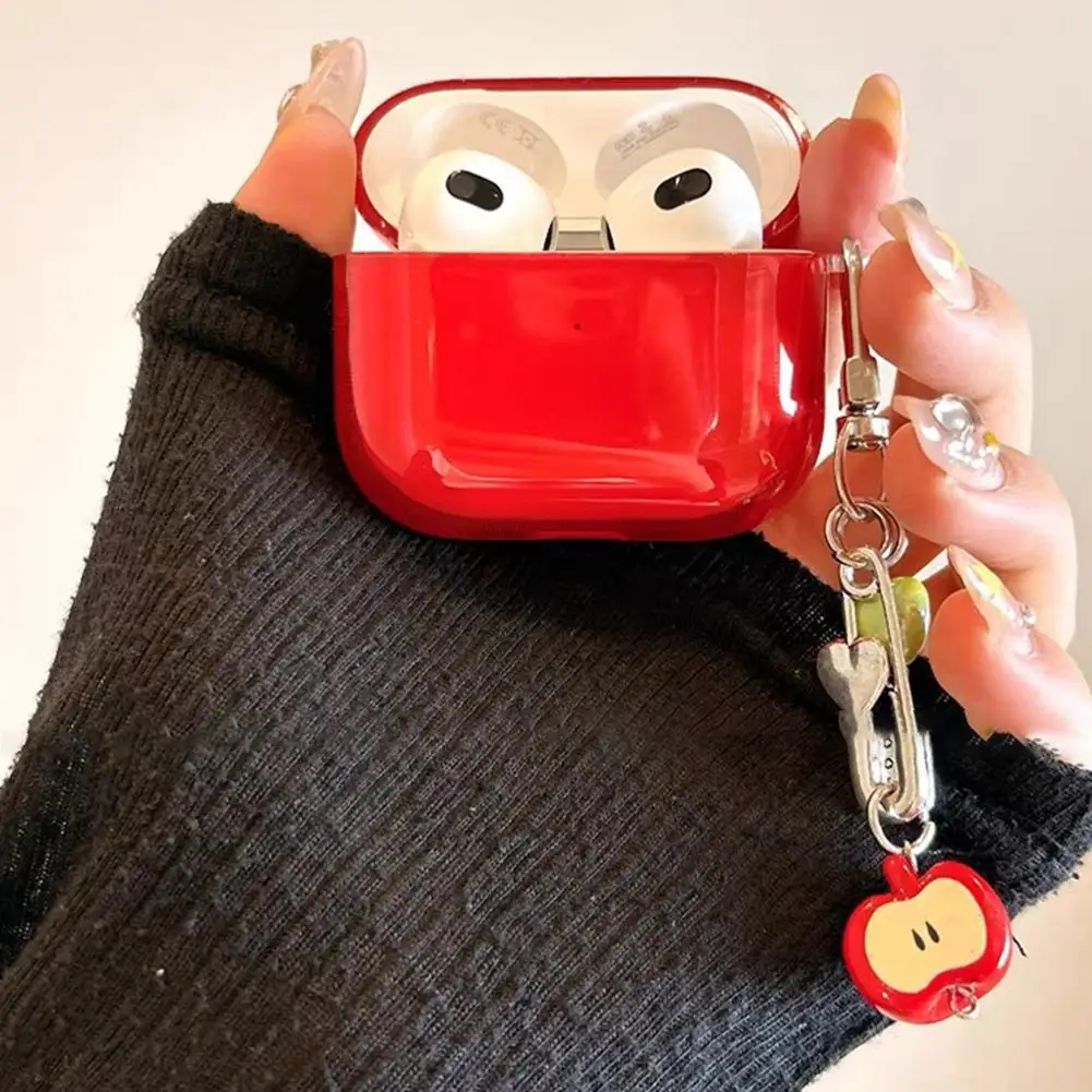 Transparent Shockproof TPU Earphone Case with Strap - Stylish Red/Green Apple Shaper Cover