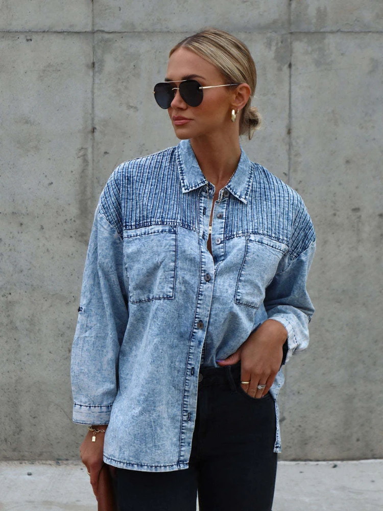 

Lapel Solid Color Pocket Jackets 2023 Spring Summer New Temperament Commuter Denim Shirt Loose Single Breasted Tops Women's
