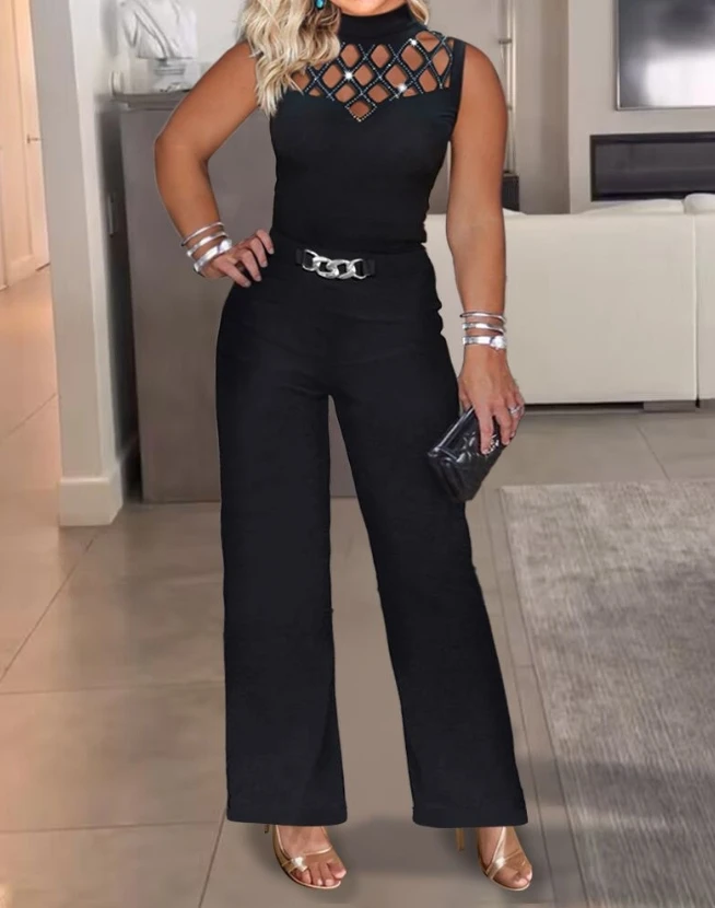 Elegant Style 2023 Women's Jumpsuit Mock Neck Rhinestone Sleeveless Chain Decoration Long Pants Daily Jumpsuit Casual women sexy chic jumpsuit rhinestone hollow out see through skinny club party rompers stretch long sleeve one piece overalls