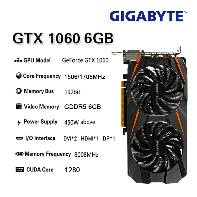 GIGABYTE Used GeForce GTX 1060 WINDFORCE 6G Graphic Card GDDR5 6pin PCI E  3.0 x 16 Video Cards GPU Desktop CPU Motherboard|Graphics Cards| -  AliExpress