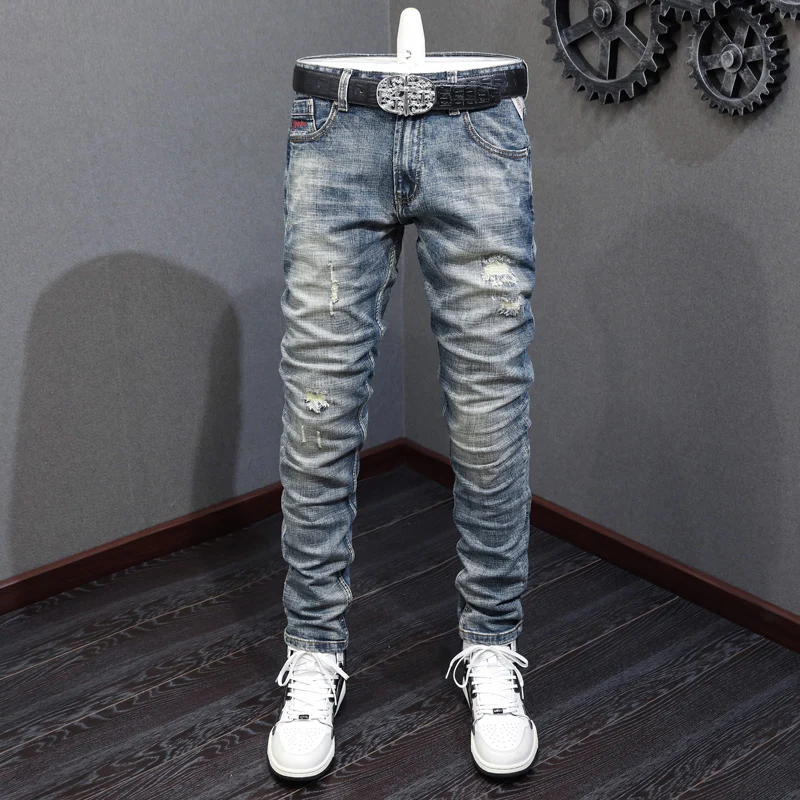 Fashion Designer Men Jeans High Quality Retro Blue Elastic Slim Patched Ripped Jeans Men Embroidery Vintage Denim Pants Hombre