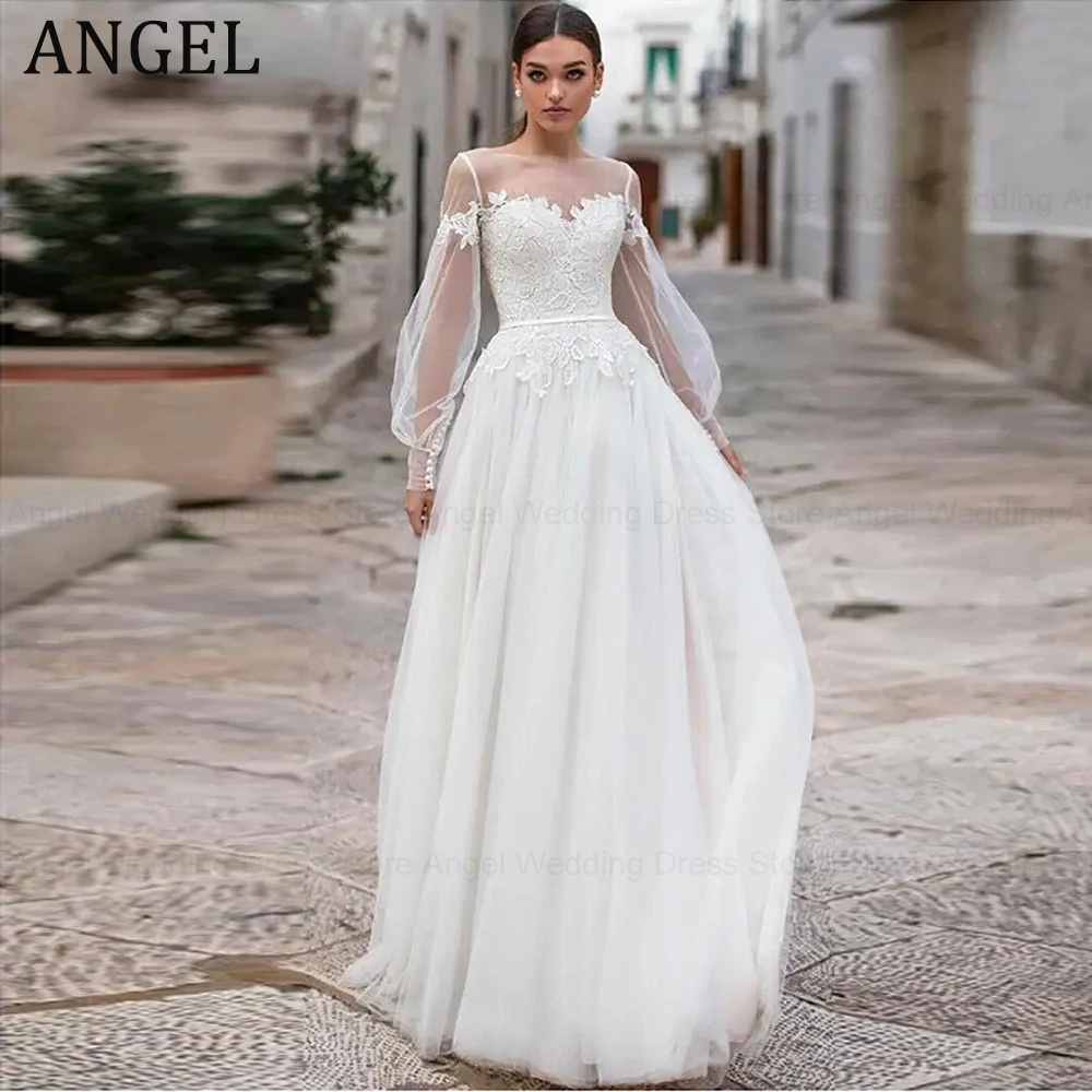 

ANGEL Modern Puff Sleeves Wedding Dress Scoop Applique Bride Gowns For Woman Tulle A-Line Custom Made Vestidos De Novia