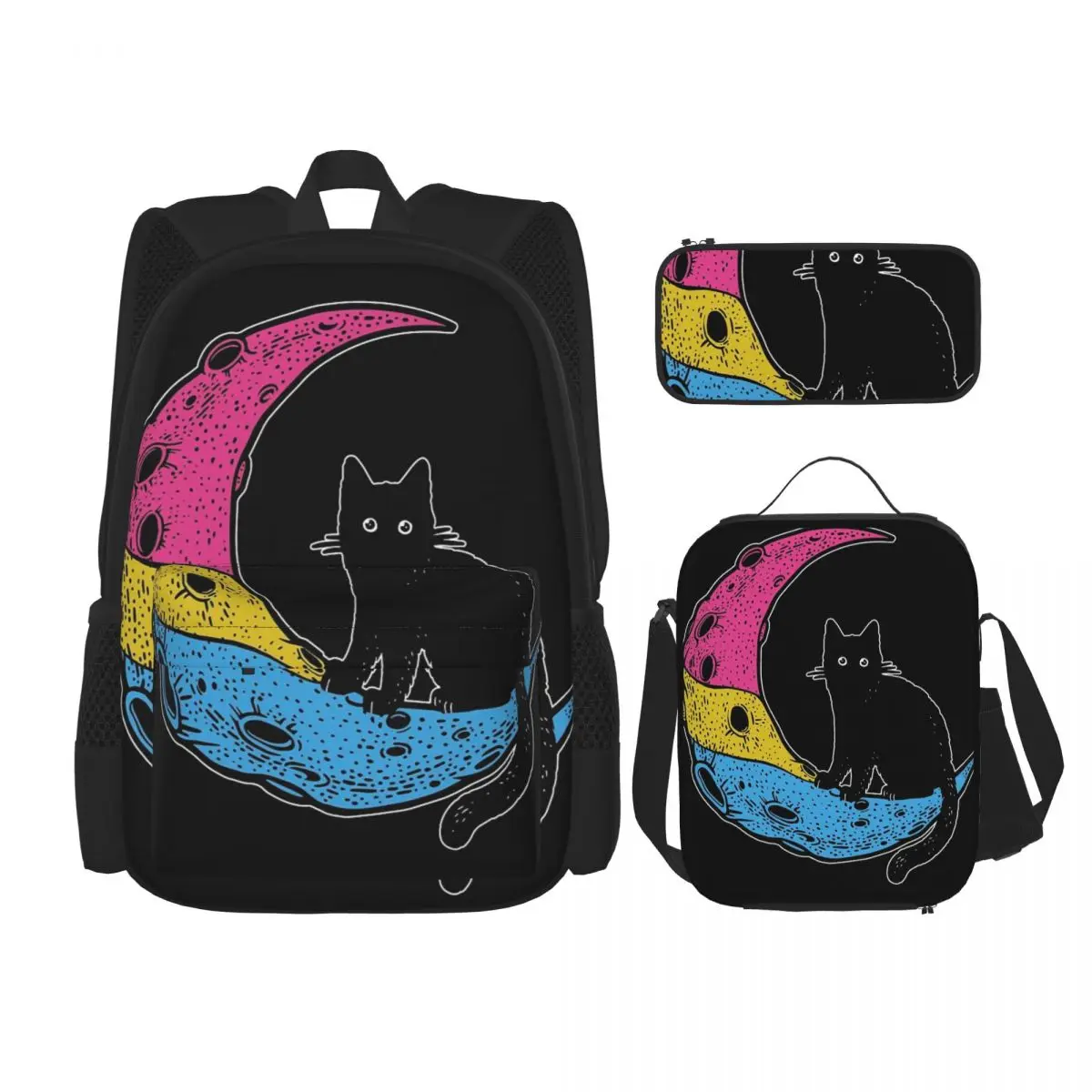

Pansexual Cat Moon School Bag 3 Pieces Set Retro Large capacity Travel Unisex Customizable