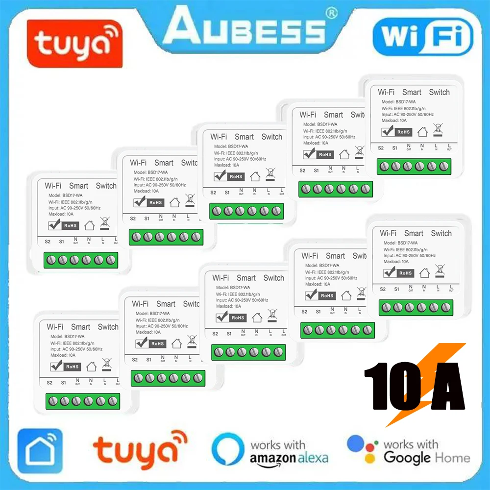 

Умный выключатель AUBESS, 10 А, двухстороннее управление, мини Wi-Fi реле, автоматический выключатель для умного дома, Alexa Alice Google Home