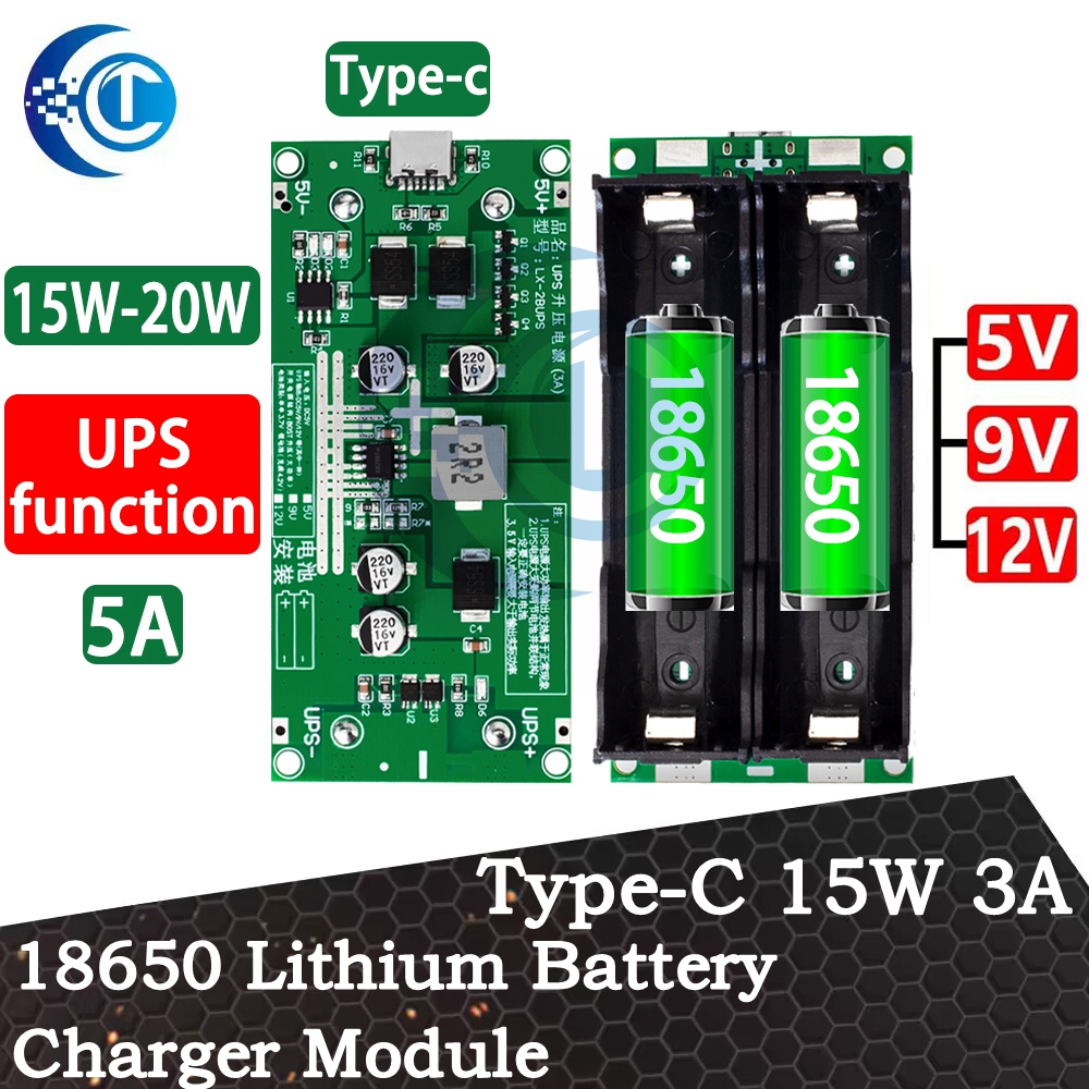 Type-C 15W 3A 18650 Lithium Battery Charger Module DC-DC Step Up Booster Fast Charge UPS Power Supply / Converter 5V 9V 12V