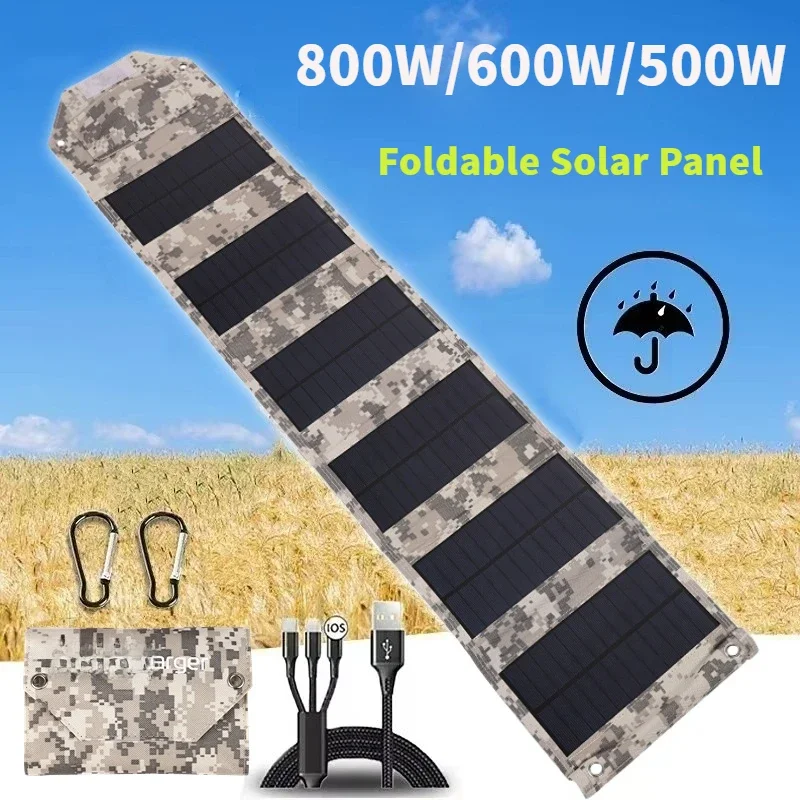 แผงโซลาร์เซลล์พับได้ 500W/600W/800W พร้อมพอร์ต USB 5V เครื่องชาร์จพลังงานแสงอาทิตย์แบบพกพา แบตเตอรี่พลังงานแสงอาทิตย์สำหรับตั้งแคมป์ เดินป่ากลางแจ้ง+สายชาร์จ 1