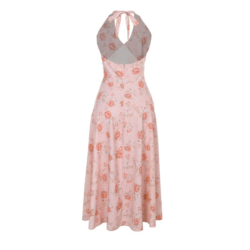 Sexy Print Deep V-neck Sleeveless Backless Neck-mounted Dress Women Slim High Waist Birthday Party Dress Femme Outfits