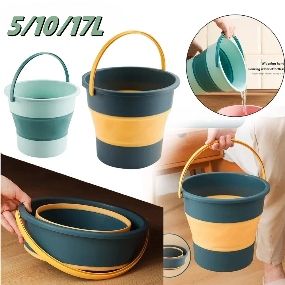 Folding Bucket Fishing Bucket 5/10L Folding Portable Bucket with Cover Car Wash Fishing Bathroom Tool Silicone Bucket Outdoor Camping Household Supplies