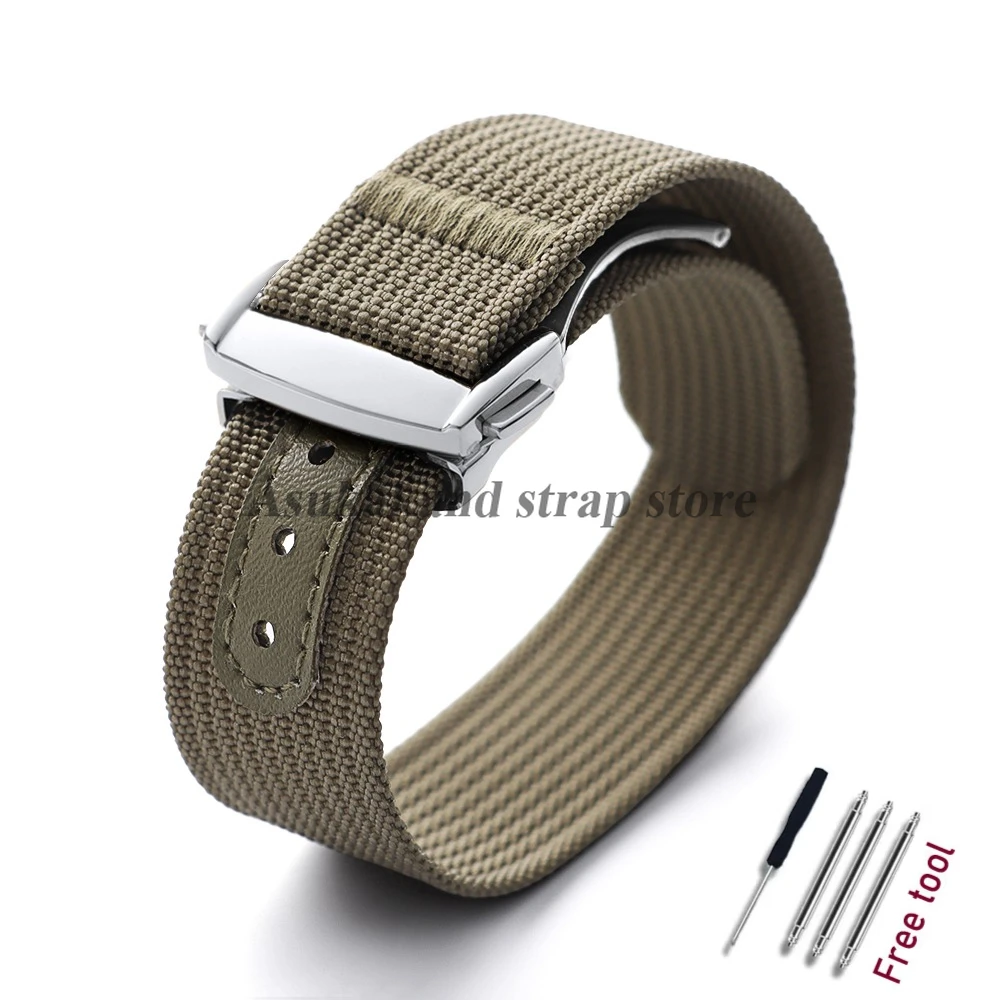 Black Nylon Watch Band with Folding Buckle – 20mm Military Sports Fabric Strap