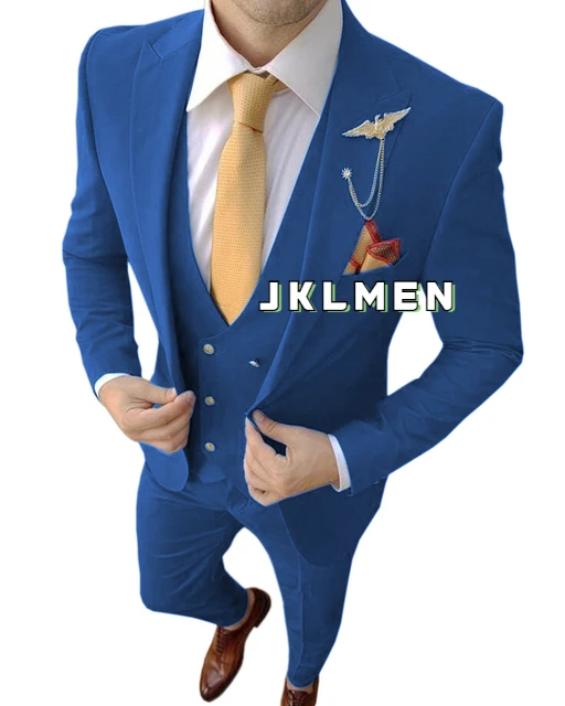 Homme Costume Men's Blue Suits Peaked Lapel Business Wedding Tuxedos Terno Masculine Slim Fit Groom Prom Party Blazer 3 Pieces