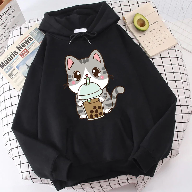 thumbnail image 1 of Suéteres con dibujos de gatos bonitos, sudaderas con capucha de té Boba para niñas, sudaderas con capucha de manga larga a la moda para mujer, ropa de calle femenina, 1 of 4