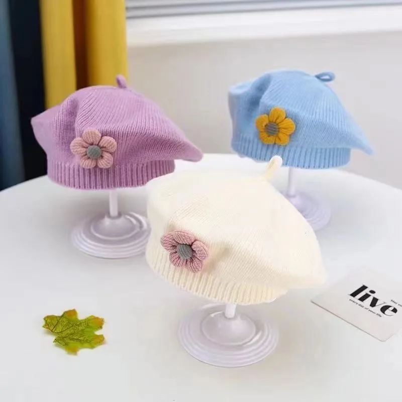 Flower Baby Beret Hat Winter Warm Knitted Beanie Cap for Infant Girls Korean Toddler Princess Artist Solid Color Painter Caps Baby & Maternity
