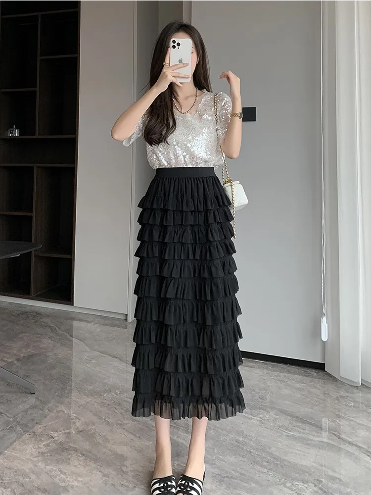 

2022 New Summer High Waist Shows Thin Pengpeng Cake Skirt Chiffon Spliced Ruffles Maxi Dress Free Shipping