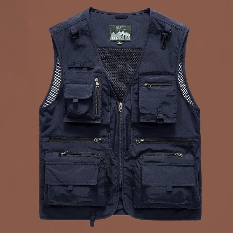 Summer Work Vest New Solid Color Multi Pocket Thin Style Outdoor Fishing Photography Loose Tactical Vest Men's Sleeveless Jacket