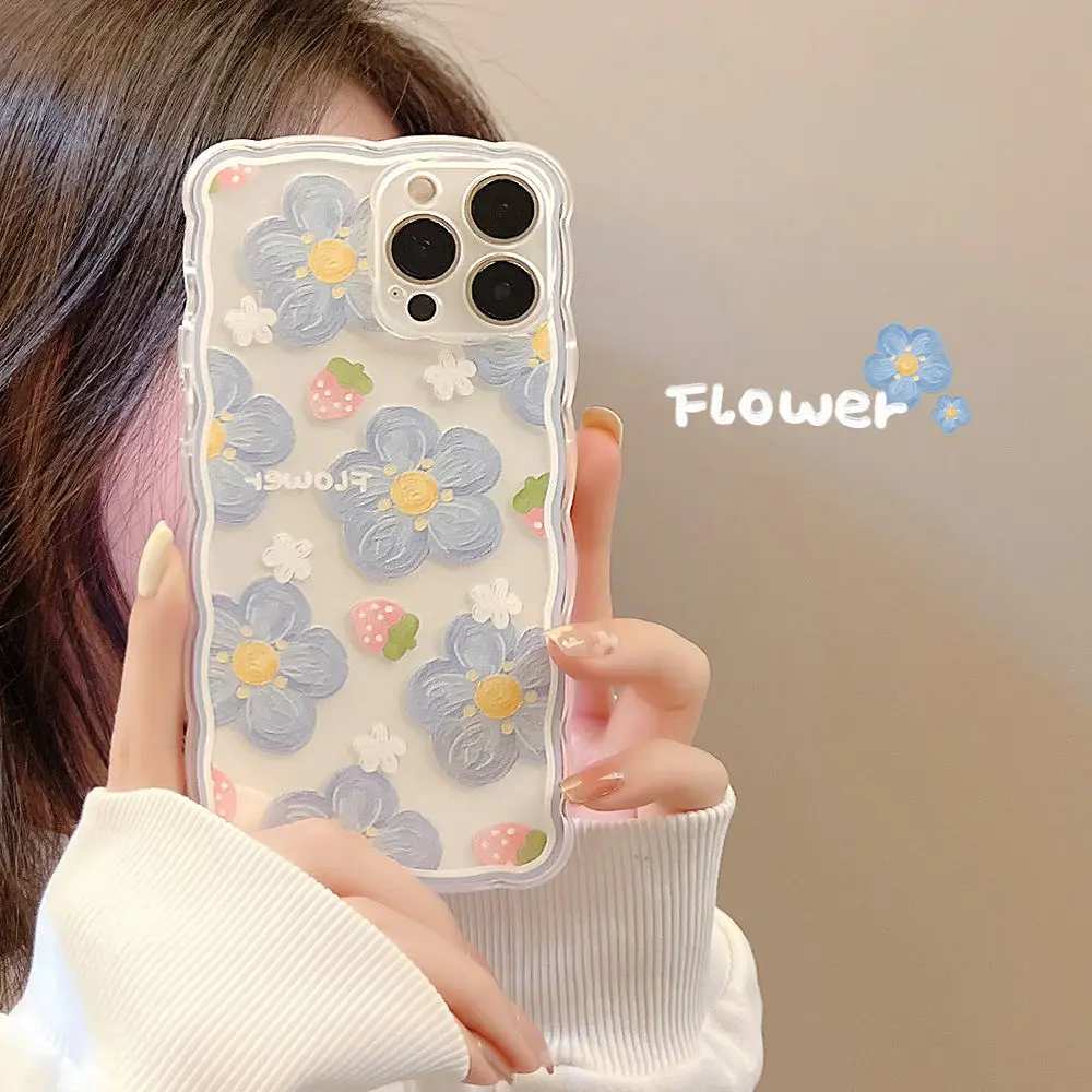 Fashion Art Wavy Blue Flower Strawberry Silicone Soft Phone Case For Iphone 13 12 11pro Max Xr Xs Max 7 8 Plus Phone Back Cover Mobile Phone Cases Covers Aliexpress