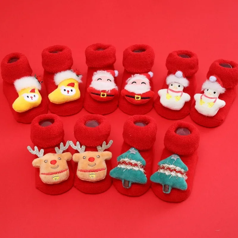 

2022New Festive Red Wool Hosiery 0-1 Year Old Baby Socks Thick Glue Baby Christmas Floor Socks Figure